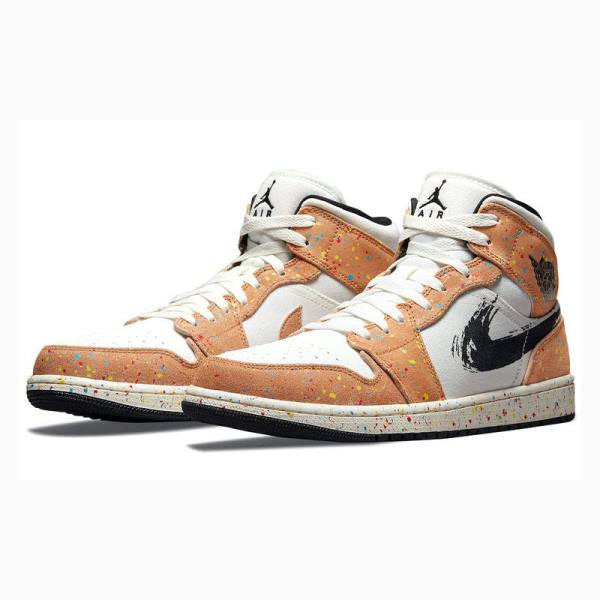 Nike Mid Cut SE Brushstroke Basketbol Ayakkabısı Air Jordan 1 Erkek Beyaz Kahverengi | JD-984IA